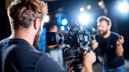 A professional video camera is set up in a brightly lit studio, focusing on filming a scene with precise equipment, suggesting a professional video production environment.