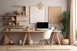 © Hendry - Cozy workplace interior at home with frame mockup, 3d render