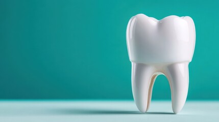 Wall Mural - A high-quality, glossy close-up image of a single white tooth model standing upright against a blue background, representing dental health and hygiene.