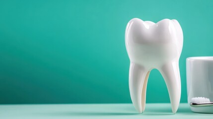 Wall Mural - a bright, glossy front view of a single tooth model placed against a blue background, showcasing per