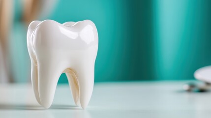 Wall Mural - a pristine single tooth model on a blue background, viewed from a left angle, perfect for dental mar