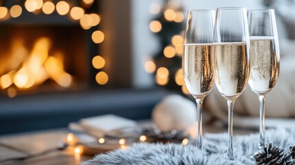 A trio of champagne glasses on a cozy blanket near a fireplace, radiating the festive spirit, warmth, and joyous moments of a winter evening celebration.