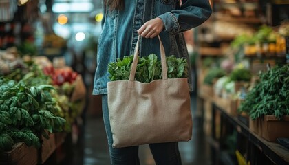 Eco-friendly practices with a person using a reusable shopping bag at a local market, promoting sustainability in everyday life, Sustainable, Bright, Detailed