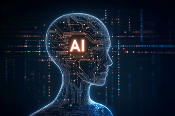 Human face with digital circuits, concept of artificial intelligence and human computer integration