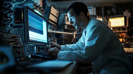 Wall Mural - a radio frequency specialist analyzing signal data on a computer screen surrounded by technical equi