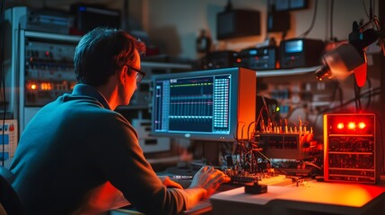 Wall Mural - a radio frequency specialist analyzing signal data on a computer screen surrounded by technical equi