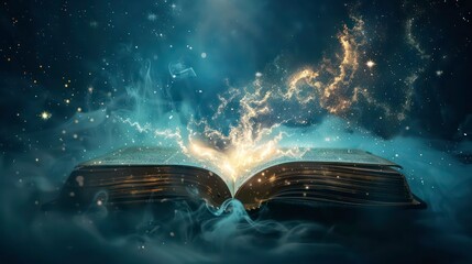 Wall Mural - an open book with magical golden light and smoke coming from the pages on a dark background.