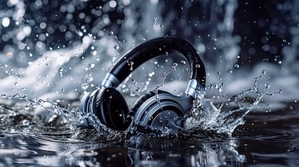 Water splash around a pair of headphones in a dark setting.