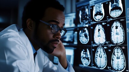 Wall Mural - a radiologic technologist reviewing images on a computer screen with a focused expression