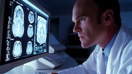 Wall Mural - a radiologic technologist reviewing images on a computer screen with a focused expression