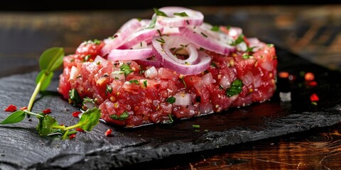 Raw beef steak tartare with diced onion and herbs presented on a dark slate platter.