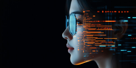 Wall Mural - Beautiful female IT specialist analyzing a digital security threat made of future holographic data information, data in the foreground and technology artificial intelligence background concept