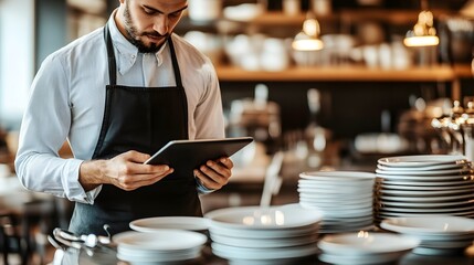 Wall Mural - a close-up of a restaurant manager checking inventory on a tablet, surrounded by neatly arranged pla