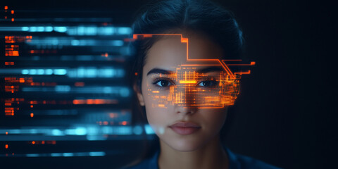 Wall Mural - Beautiful female IT specialist analyzing a digital security threat made of future holographic data information, data in the foreground and technology artificial intelligence background concept