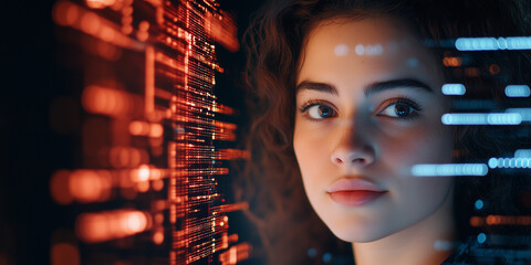 beautiful female it specialist analyzing a digital security threat made of future holographic data i