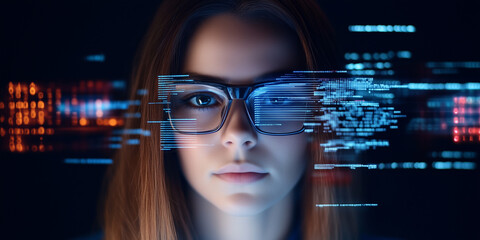 Wall Mural - Beautiful female IT specialist analyzing a digital security threat made of future holographic data information, data in the foreground and technology artificial intelligence background concept