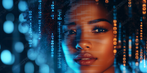 beautiful female it specialist analyzing a digital security threat made of future holographic data i