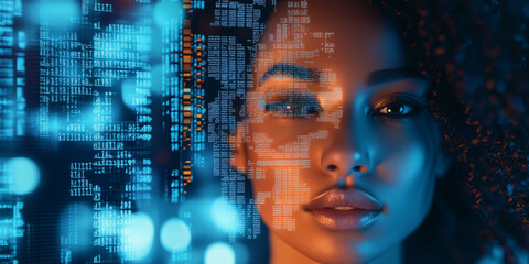 Wall Mural - Beautiful female IT specialist analyzing a digital security threat made of future holographic data information, data in the foreground and technology artificial intelligence background concept