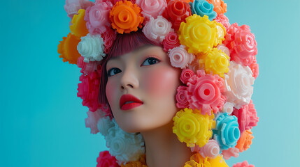 Elegant model with a floral-inspired headpiece against a blue background