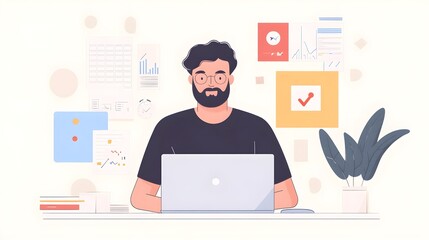 Wall Mural - A focused search marketing strategist analyzing data on a laptop, surrounded by notes and charts, light solid color background