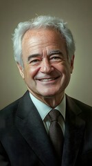 A portrait of a senator smiling warmly in a professional suit, with a light solid color background