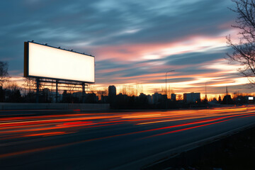 A blank billboard against a vibrant sunset sky with streaks of passing cars on a city road