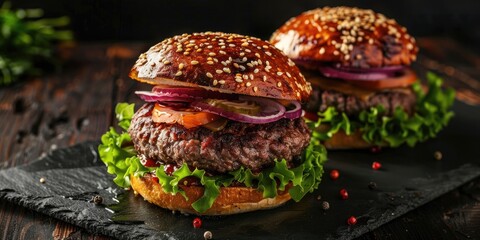 Wall Mural - Homemade Burger with Grilled Beef Patties, Sesame Buns, and Garnishes Served on a Slate Platter