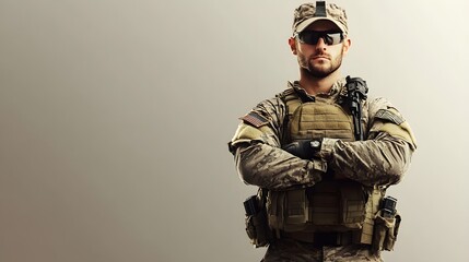 A special forces officer in a tactical uniform, standing confidently with arms crossed against a light solid color background