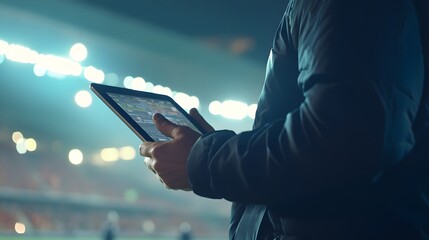 Wall Mural - A close-up shot of a sports broadcaster holding a tablet, analyzing live game statistics, with a light solid color background