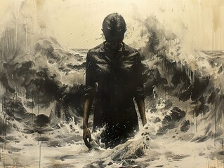 Poster - Silhouette of a Woman Facing a Stormy Sea - A Painting of Inner Turmoil