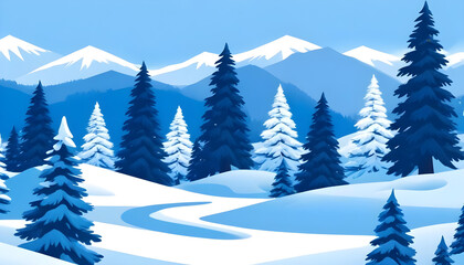 Snowy winter landscape with pine trees mountains in the background 2