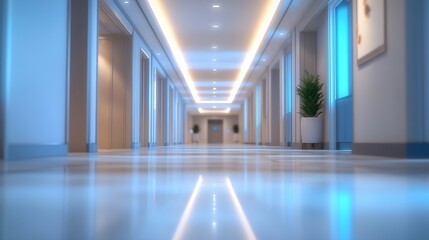 Poster - Blur background of corridor in clean hospital Blurred view of aisle in office with light floor Blurry lobby and waiting area in hotel Defocused empty area for event hall in shopping ma : Generative AI