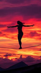 A silhouette of a tightrope walker against a vibrant sunset, emphasizing the drama of the performance