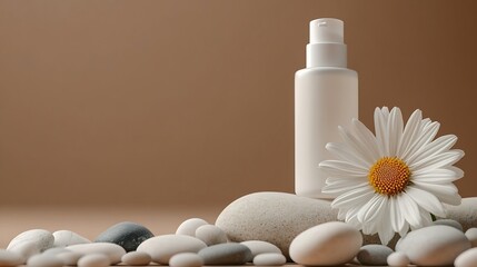 Minimal concept with stones and flower and white plastic bottle without label on brown background Mockup for cosmetic product facial moisturizer cream or facial cleanser Front view : Generative AI