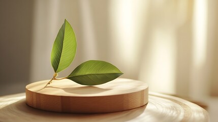 Aufkleber - Minimal wood podium with blurred green leaf plant on beige backgroundBeauty cosmetic natural mild product modern displaynature eco friendly concept : Generative AI