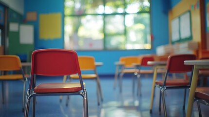 Leinwandbilder - Back to school concept Classroom in blur background without young student Blurry view of elementary class room no kid or teacher with chairs and tables in campus : Generative AI