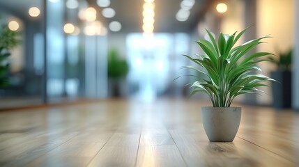 Poster - Light blur Minimalist Open Space Office background Blurred Modern contemporary office and meeting room interior design with panoramic glass windows and green plant inside and Wooden fl : Generative AI