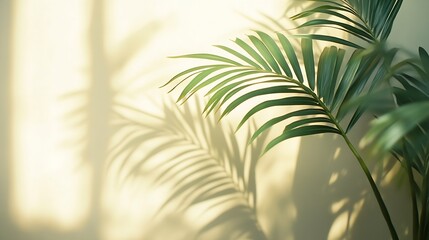 Aufkleber - Blurred shadow from palm leaves on light cream wall Minimalistic beautiful summer spring background for product presentation : Generative AI