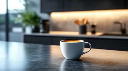 Aufkleber - Beautiful coffee cup on island or table countertop in modern home kitchen Dark grey kitchen design  detail of interior : Generative AI