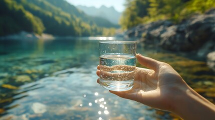 glass hands and lake with fresh water for drinking or sustainability with calm in outdoors with spla