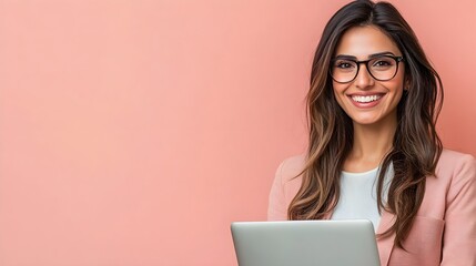 Wall Mural - A professional travel agent using a laptop to book flights while smiling at the camera, with a light solid color background