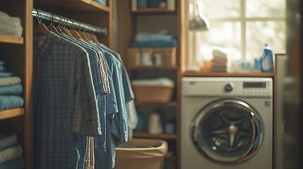 Dryer with clean clothes in laundry room : Generative AI