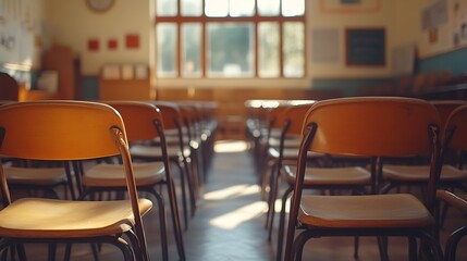 Fototapete - Empty classroom with a lot of chair with no student Empty classroom with vintage tone wooden chairs Back to school concept : Generative AI