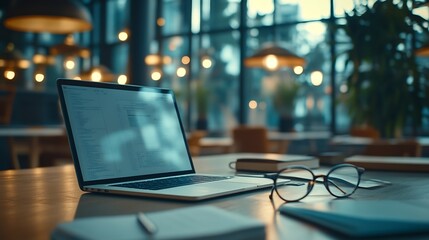 Fototapete - Laptop Computer notebook and eyeglasses sitting on a desk in a large open plan office space after working hours : Generative AI