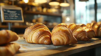 Freshly baked croissants on counter in a bakery. food photography concept for advertisement.