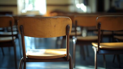 Fototapete - selective soft and blur focusold wooden row lecture chairs in classroom in poor schoolstudy room without studentconcept for education in Third world : Generative AI