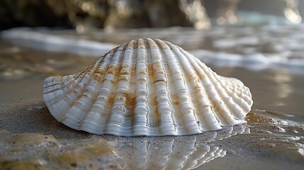 Poster - Seashell on Sandy Beach with Ocean Waves