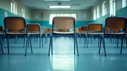 Leinwandbilder - The concept of graduating from high school Upsidedown chairs in an empty classroom at the school : Generative AI