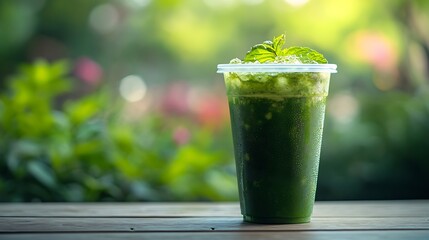 Poster - A green matcha tea drink in a plastic cup sits on a wooden table with garden background : Generative AI