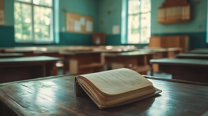 Wall Mural - Interior of empty classroom with copybook on desk : Generative AI